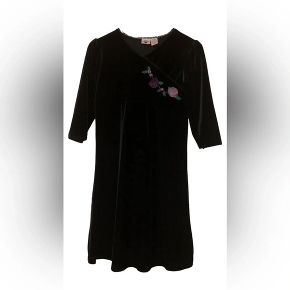Hartstrings Girls Black Velvet Velour Modest Holiday Dress Sz 12 Floral Accent - Picture 1 of 2